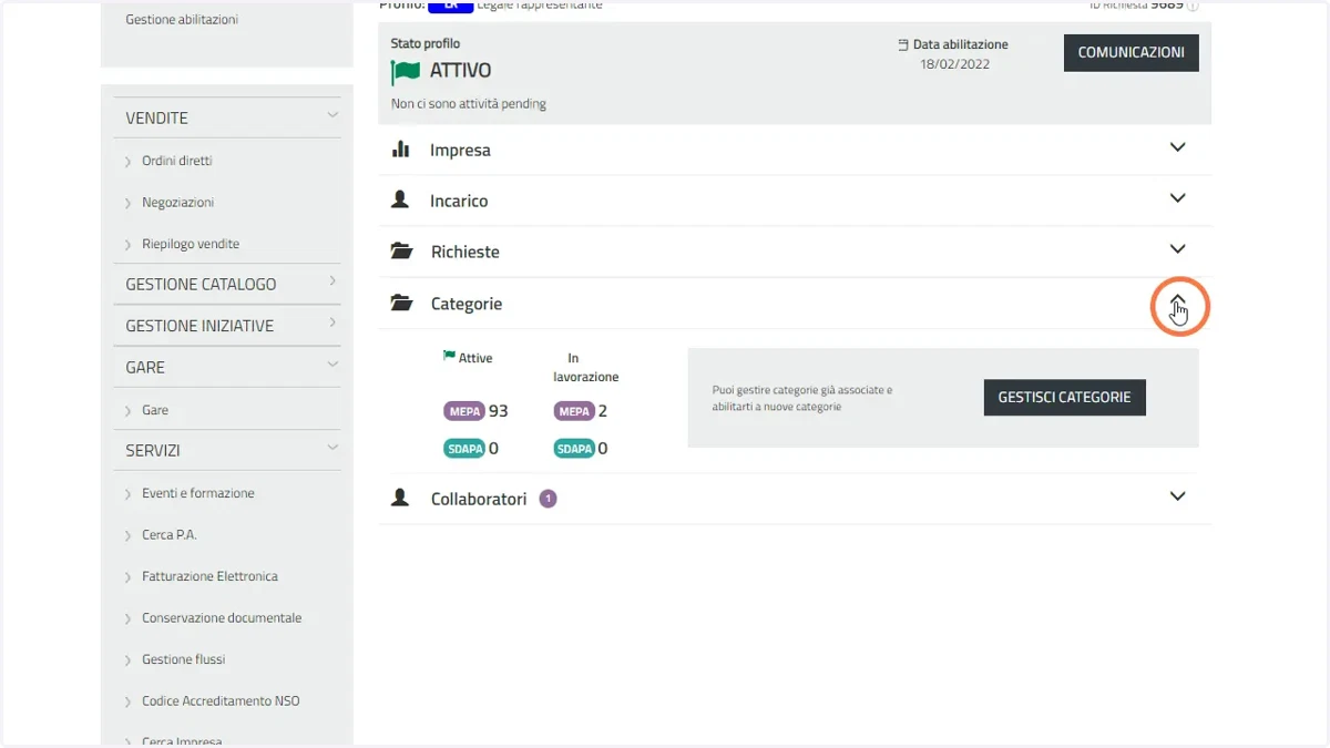 Fare click sulla sezione "Categorie" per aprire il sub menù.
