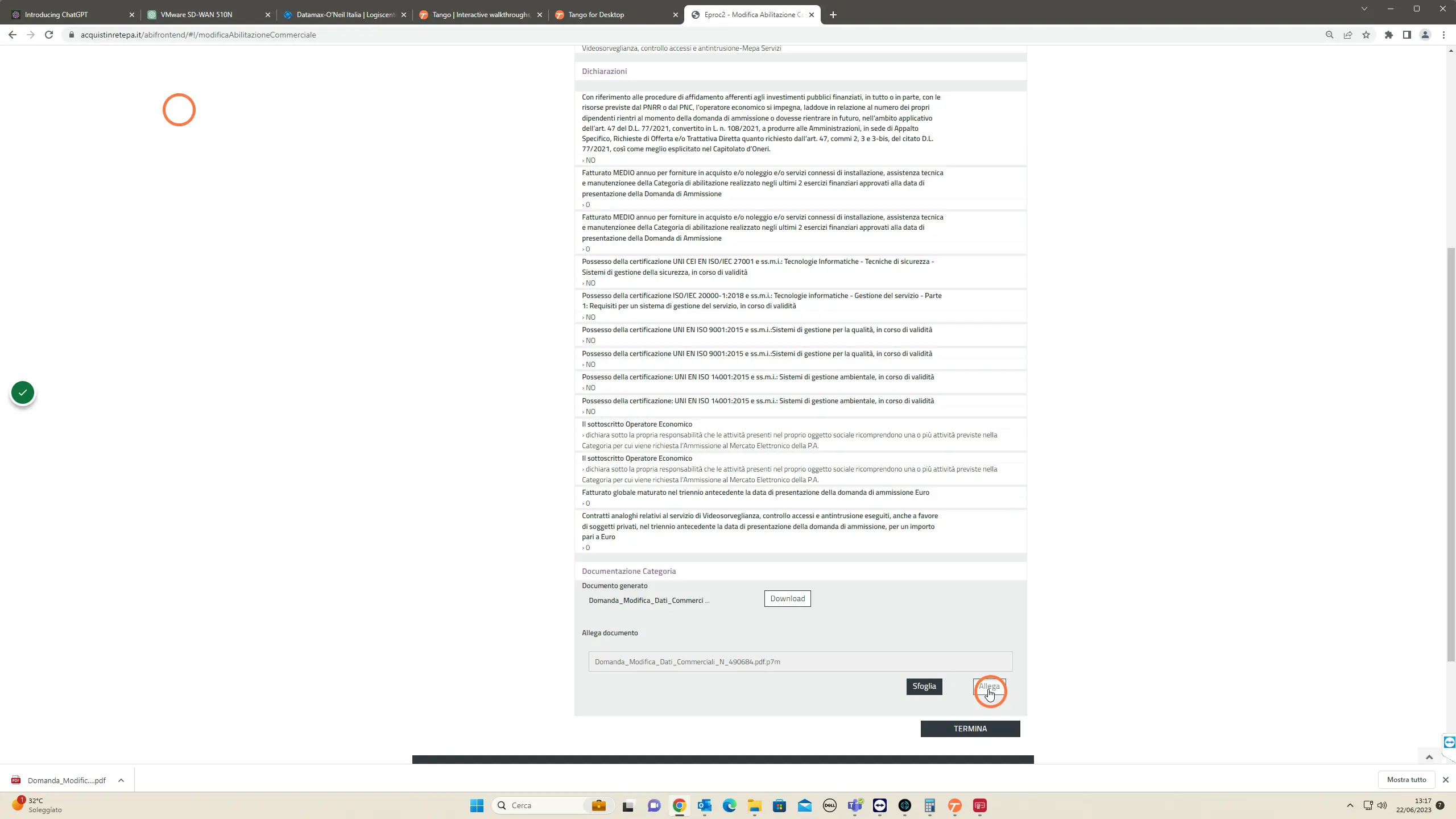 Fare click su "Allega" per caricare il file p7m