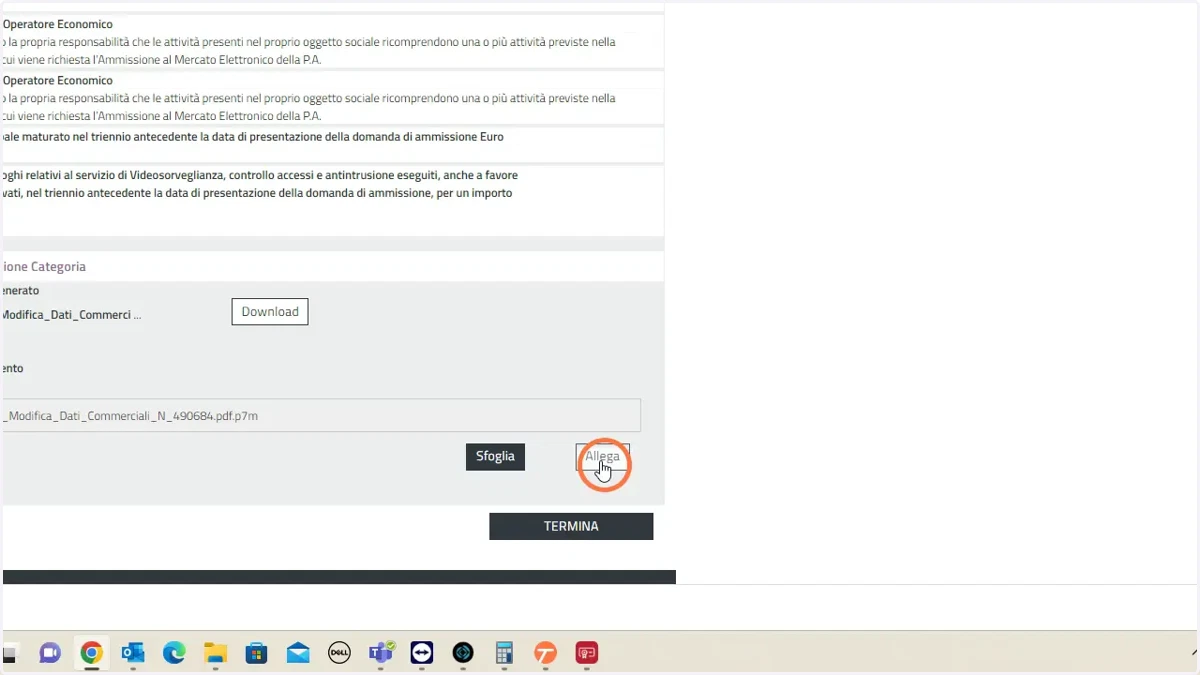 Fare click su "Allega" per caricare il file p7m