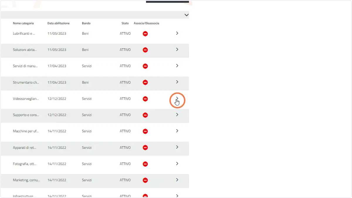 Fare click sulla freccia a destra della categoria da gestire.