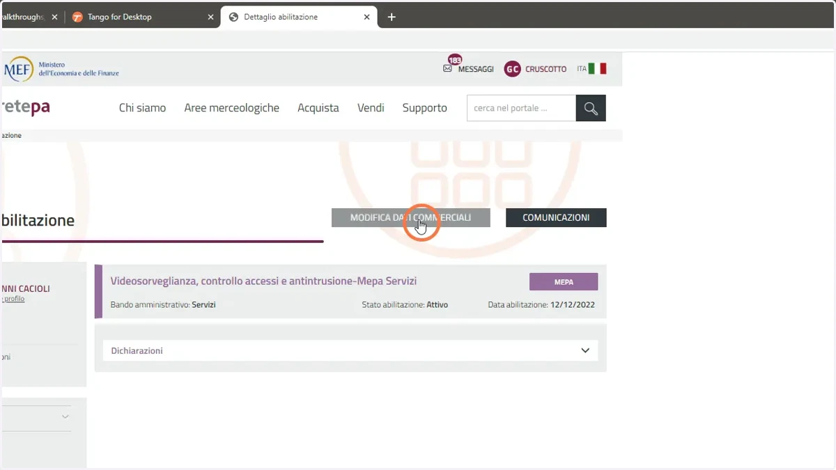 Una volta caricata la sezione, fare click su "MODIFICA DATI COMMERCIALI"