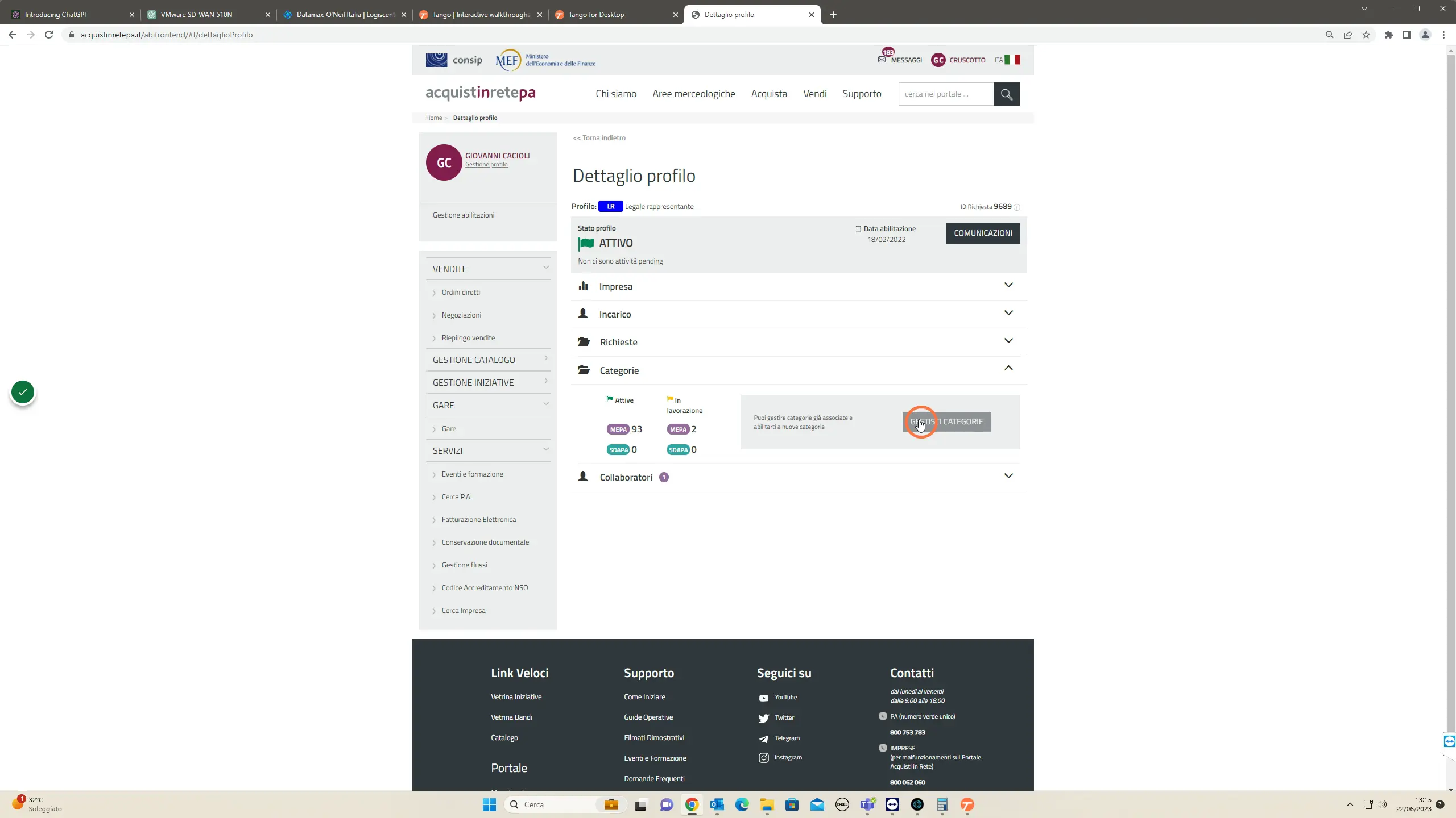 fare click su "GESTISCI CATEGORIE"