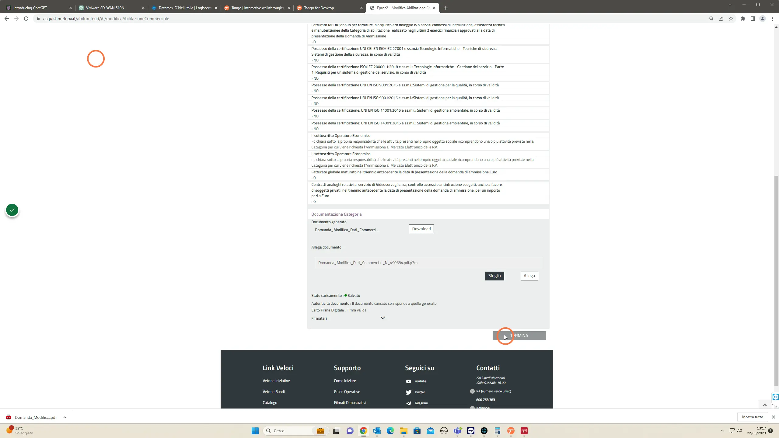 Fare click su TERMINA