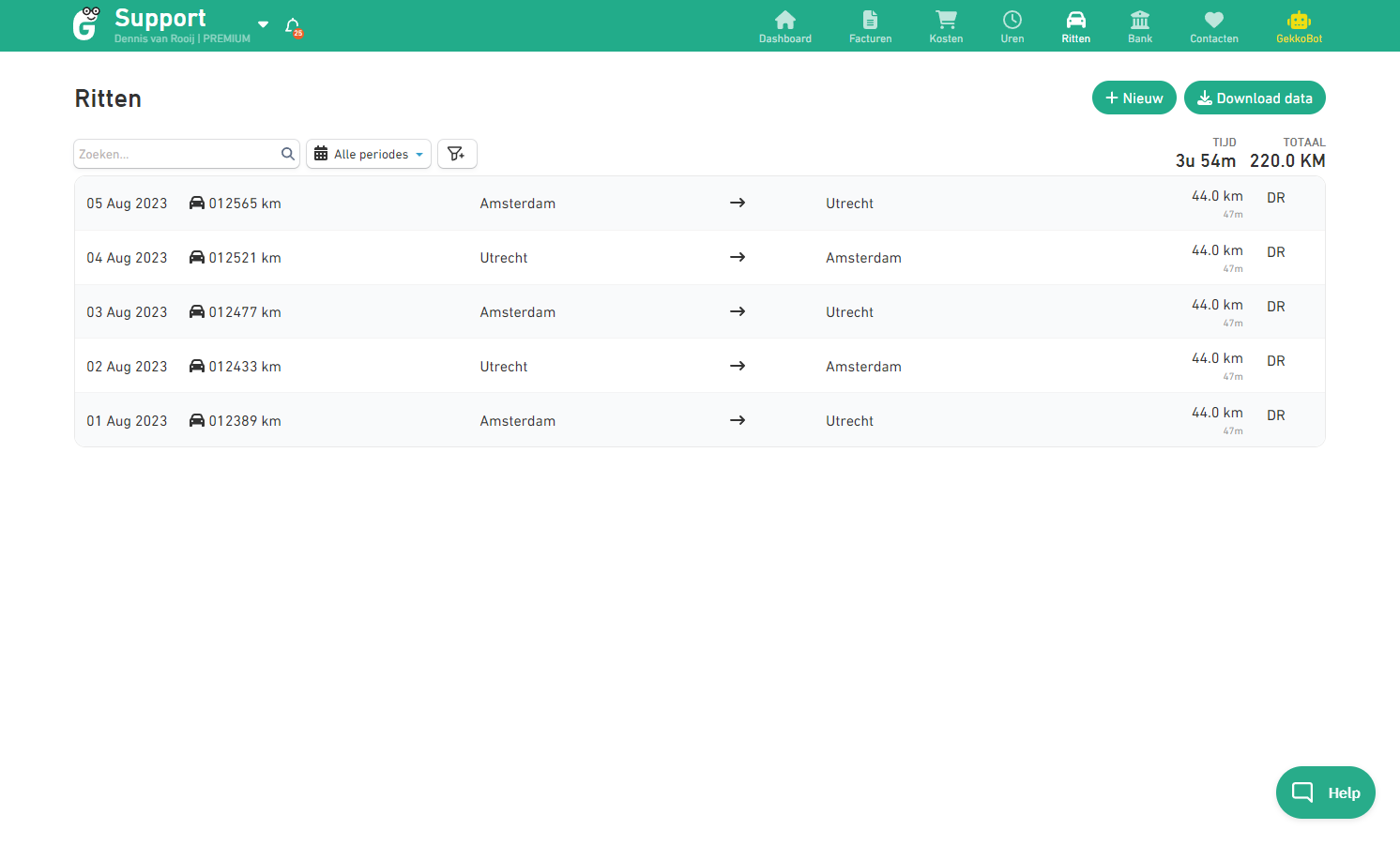 Klik op de knop 'Download data' om een Excel bestand van jouw ritten te downloaden.