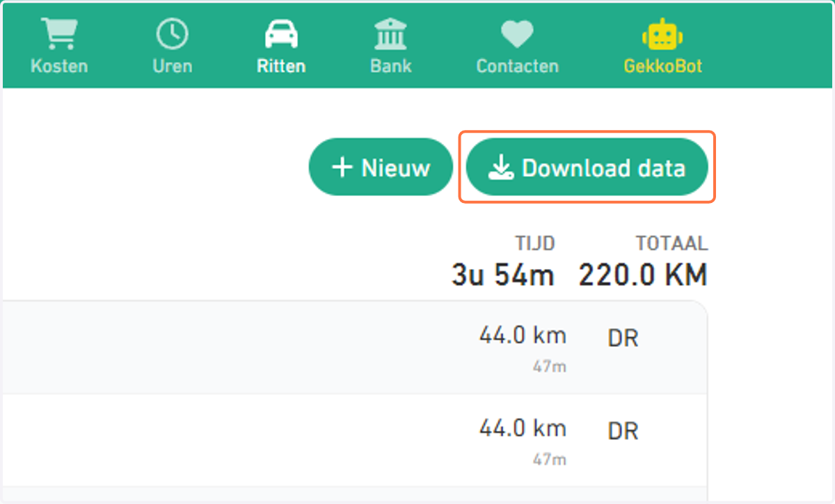 Klik op de knop 'Download data' om een Excel bestand van jouw ritten te downloaden.