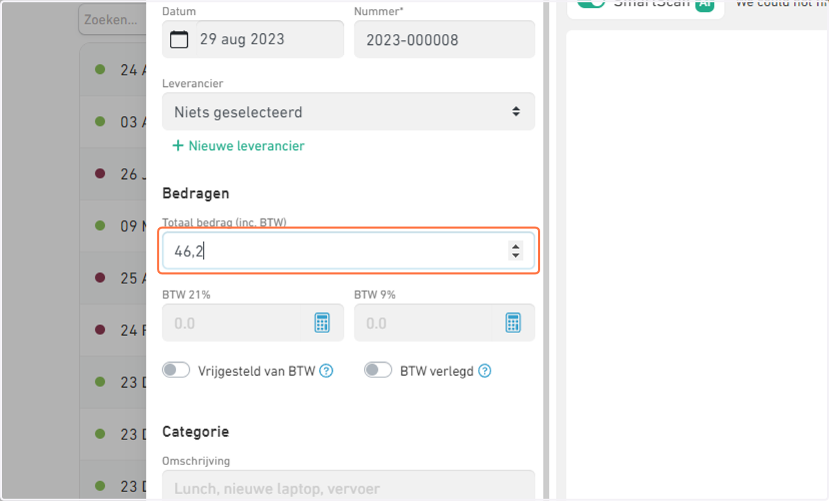 Vul jouw kilometervergoeding van €0,21 per kilometer in ( bijvoorbeeld 220 x 0,21 = 46,2).