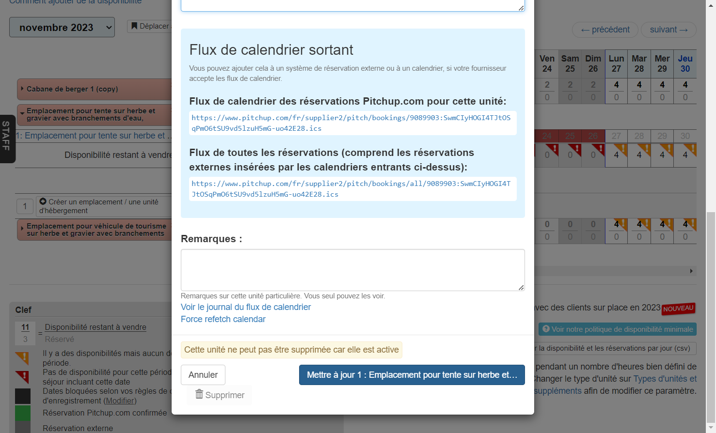 Cliquez sur le bouton "Mettre à jour", et nous commencerons la récupérations de vos fichiers iCal. Toute réservation externe sera affichée en gris dans le tableau de disponibilité se trouvant en bas !