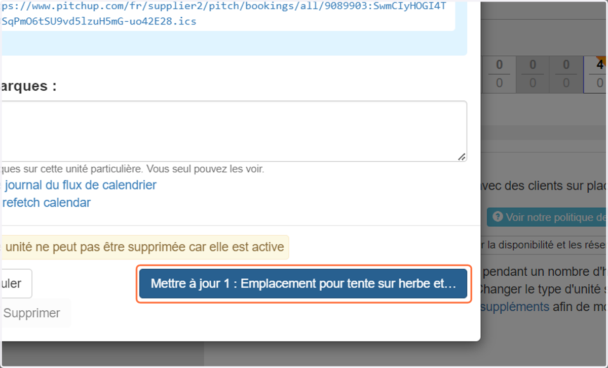 Cliquez sur le bouton "Mettre à jour", et nous commencerons la récupérations de vos fichiers iCal. Toute réservation externe sera affichée en gris dans le tableau de disponibilité se trouvant en bas !