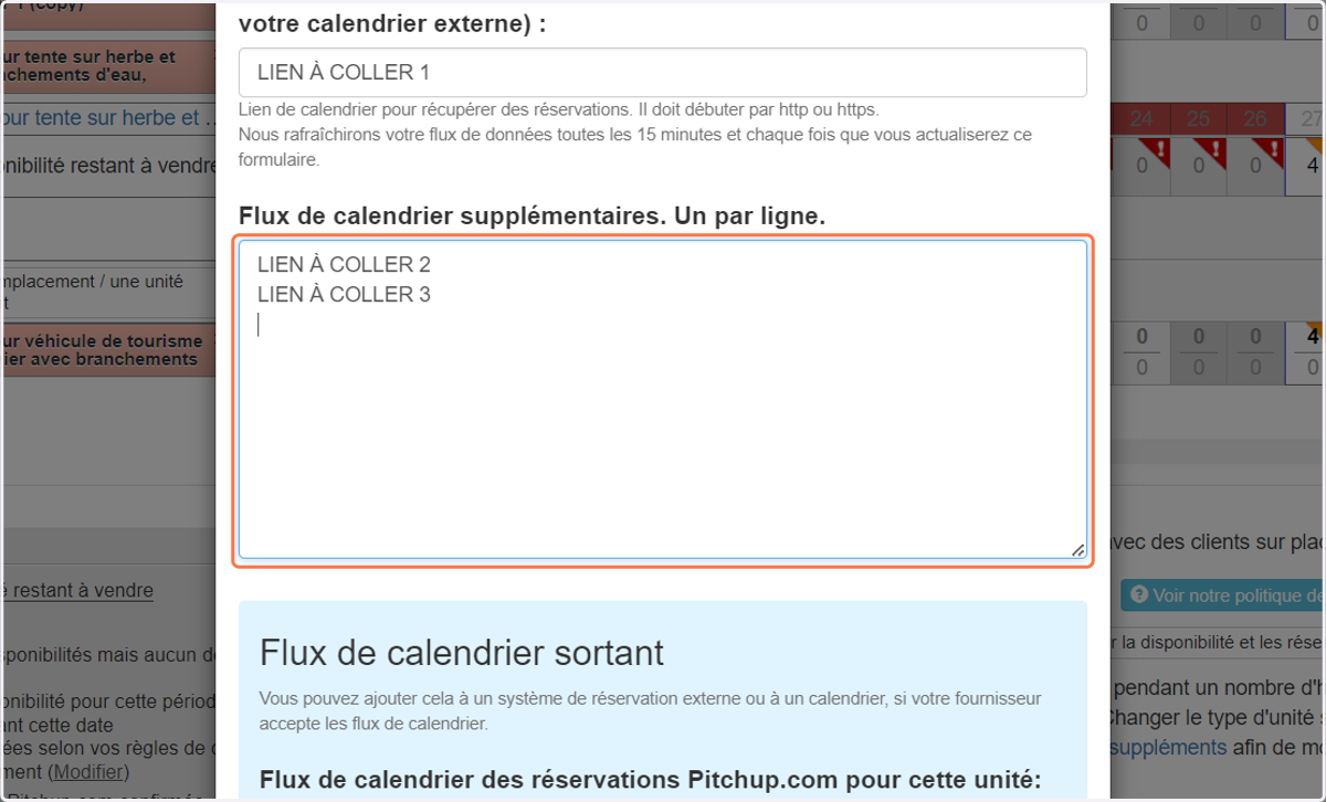Si vous souhaitez ajouter plusieurs liens iCal, copiez et collez vos liens dans la case "Flux de calendrier supplémentaires" en vous assurant d'avoir un seul lien par ligne