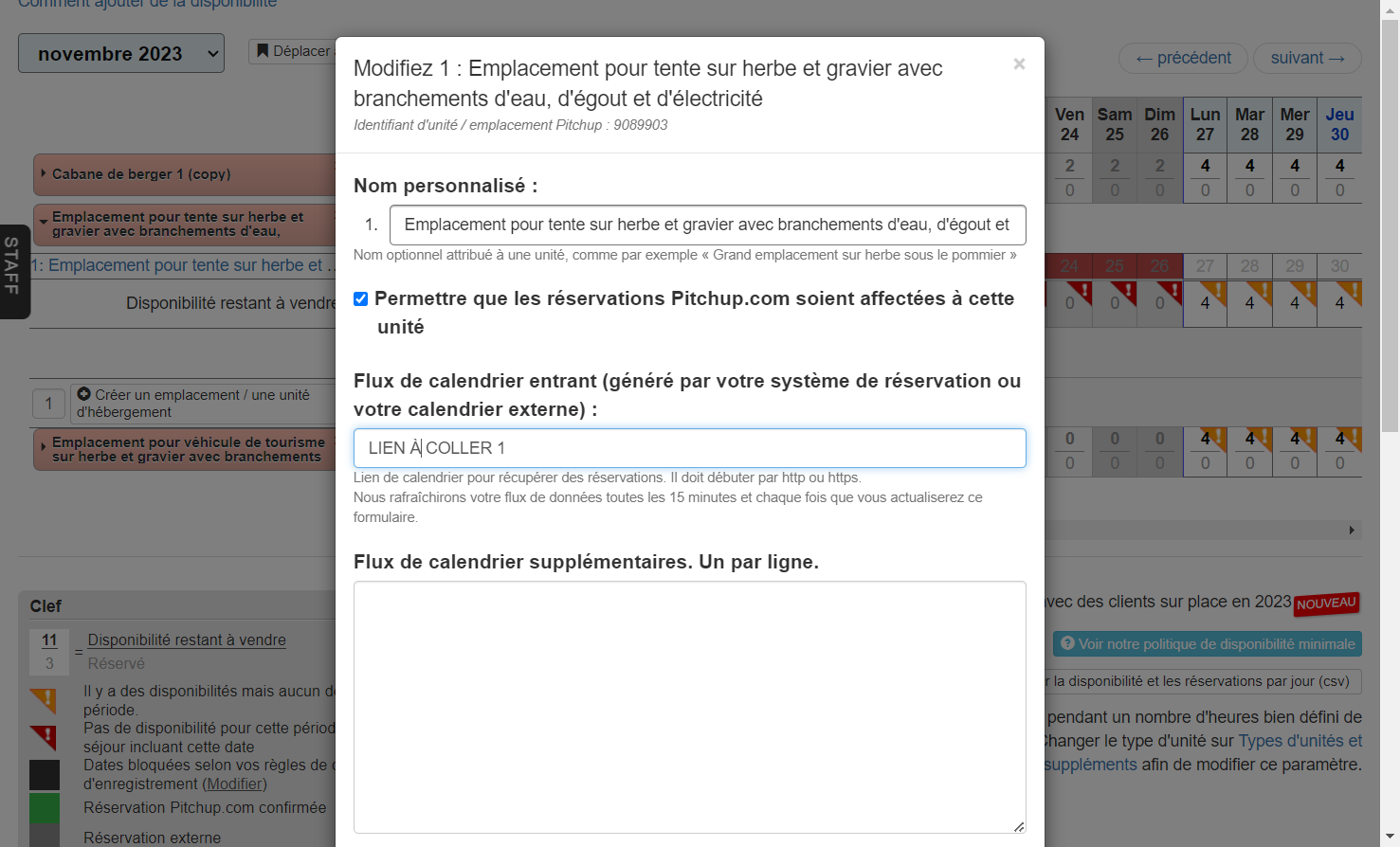 Copiez et collez le lien iCal dans le champs "Flux de calendrier entrant"