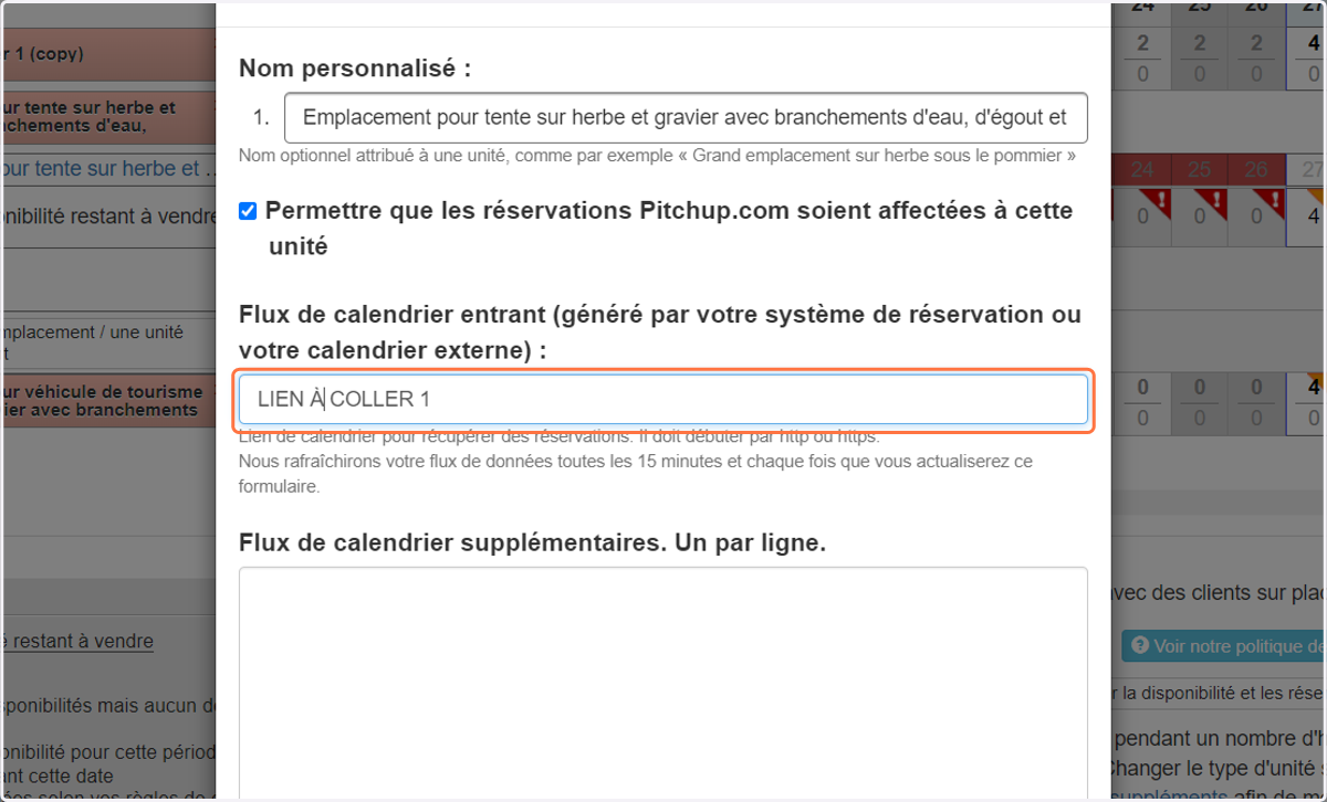 Copiez et collez le lien iCal dans le champs "Flux de calendrier entrant"