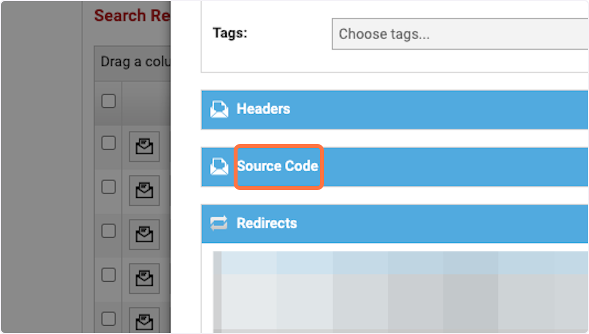 Click on the hamburger menu in the "Source Code" section to view the email source code