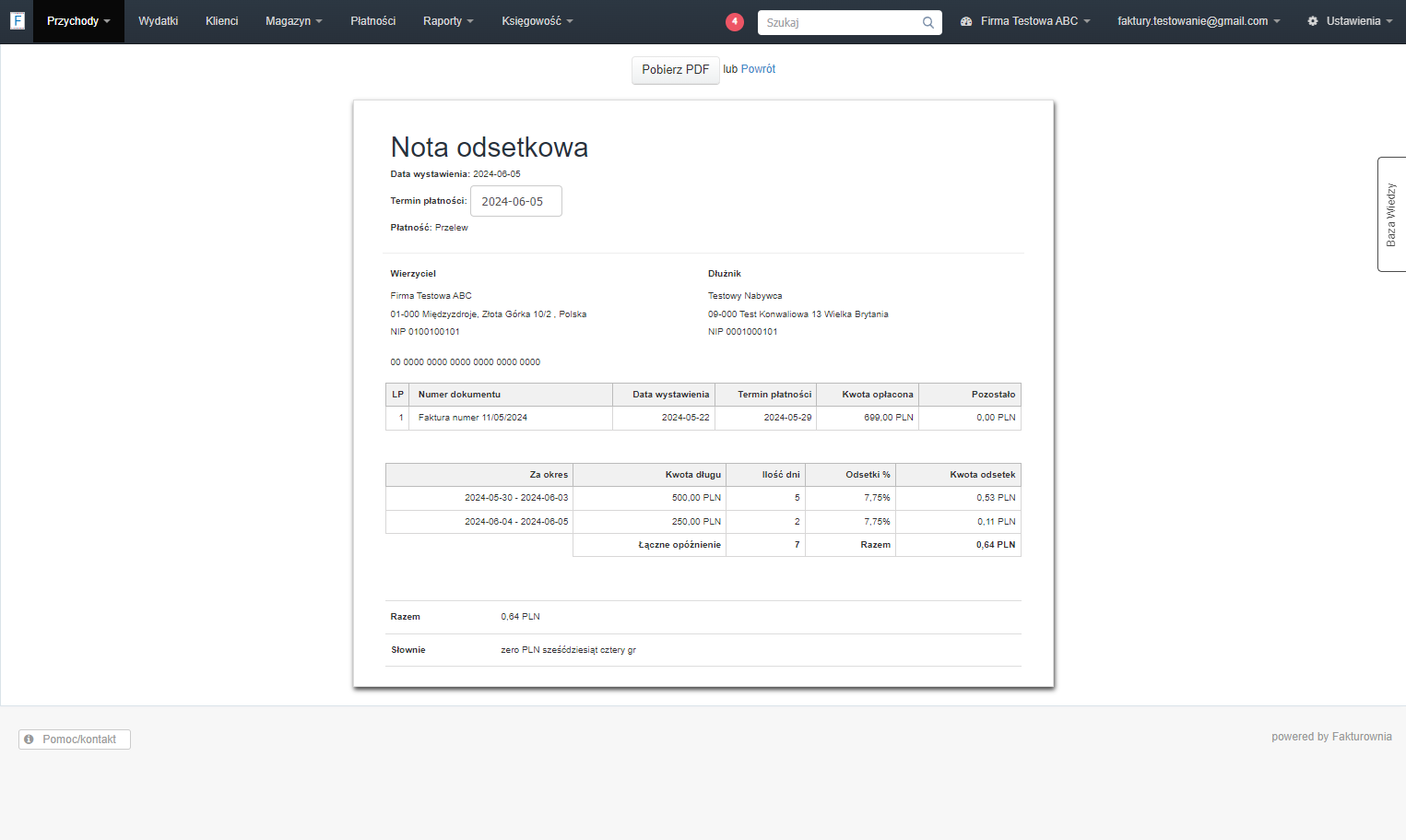 System wygeneruje notę odsetkową w oparciu o wybraną stawkę odsetek i ilości dni, które minęły od ustalonego terminu płatności.