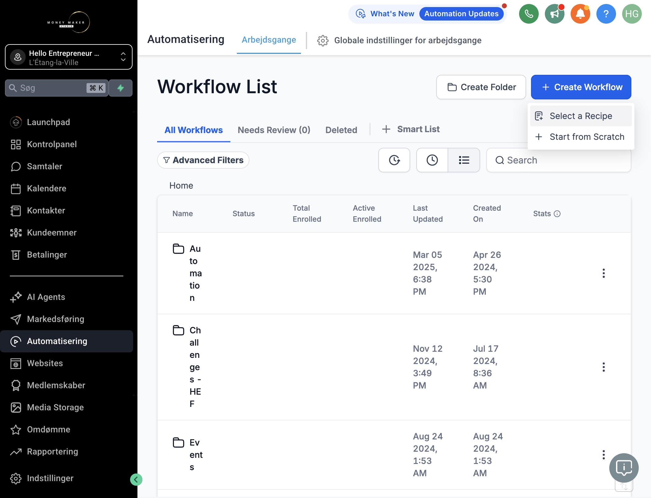 Klik på Create Workflow/Opret Arbejdsgang og vælg "Select a Recipe/Vælg en fremgangsmåde"