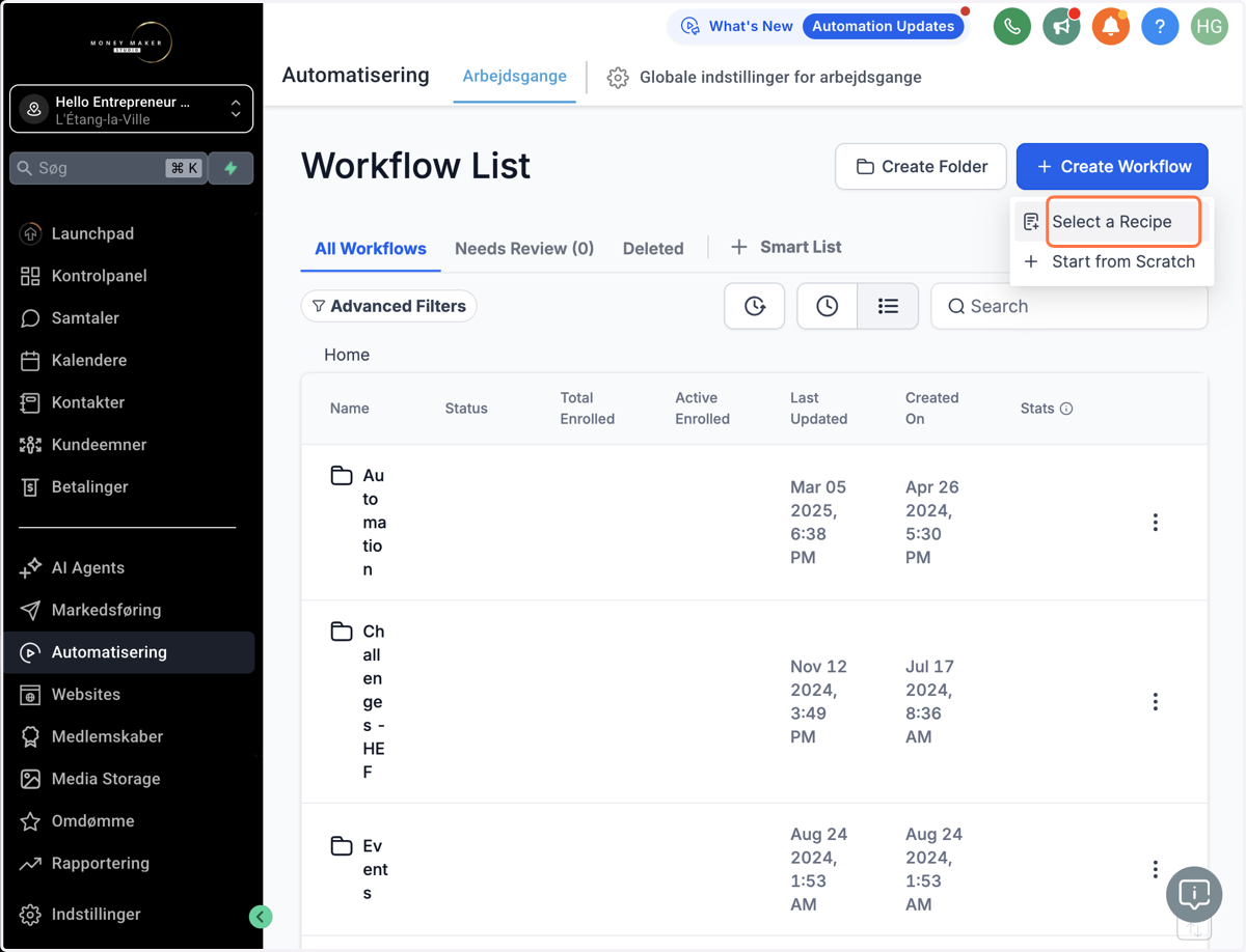 Klik på Create Workflow/Opret Arbejdsgang og vælg "Select a Recipe/Vælg en fremgangsmåde"