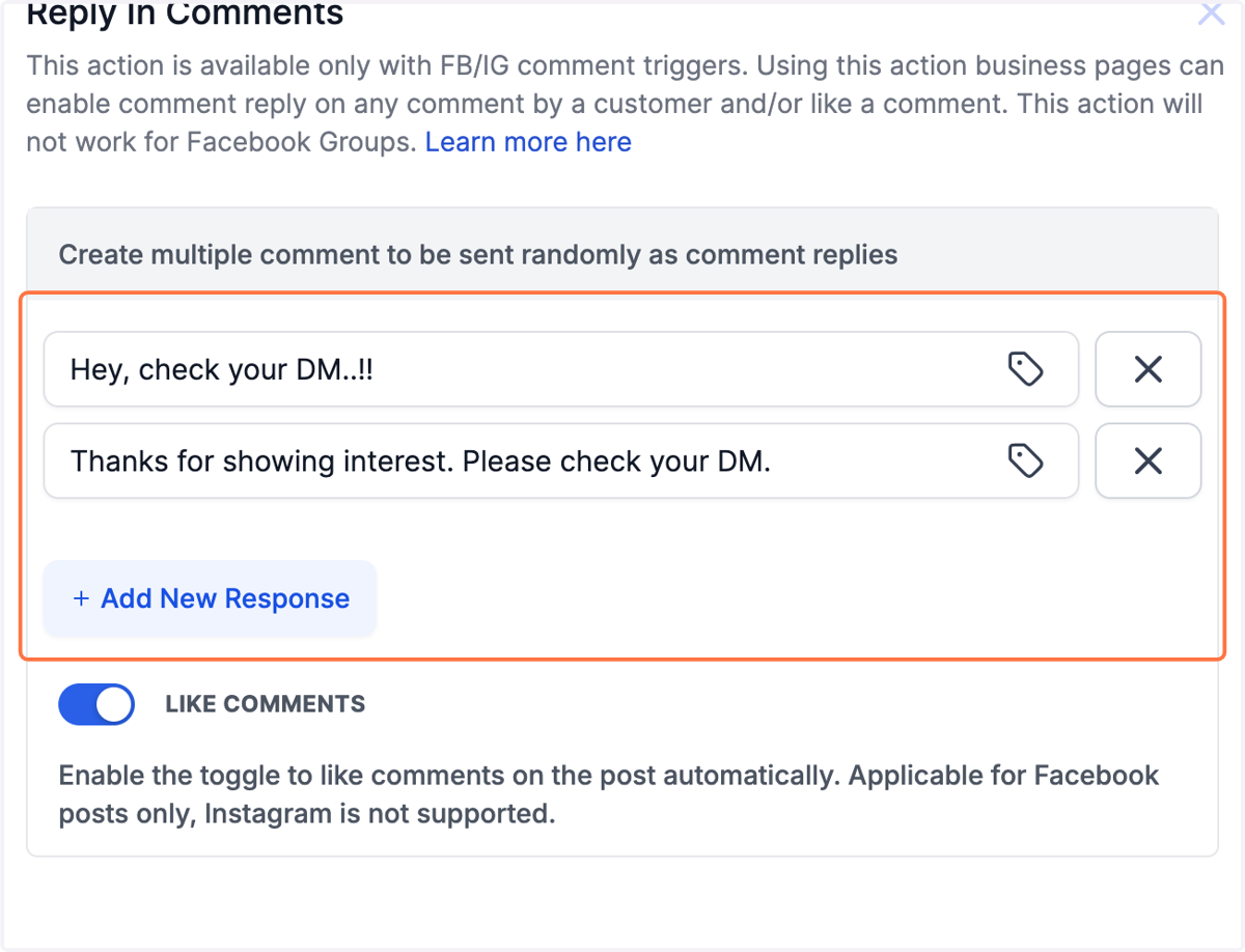 Her kan du indsætte forskellige svar som folk modtager til deres kommetar med det ønskede ord, fx "Fantastisk, tjek din DM" - Klik derefter på Save/Gem