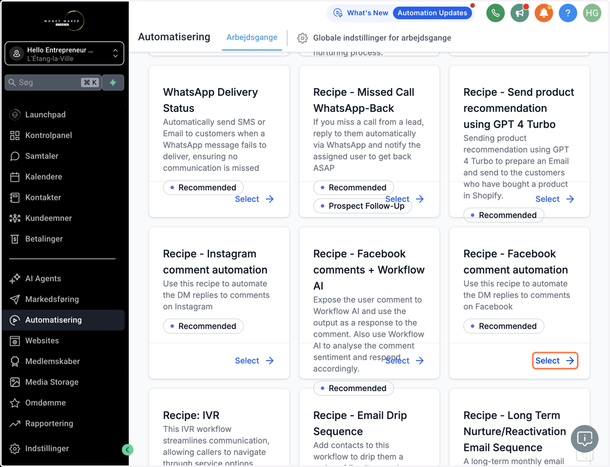 Vælg den mulighed der hedder "Recipe - Facebook comment automation"
