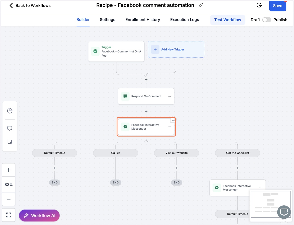 Klik på handlingen "Facebook Interactive Messenger"