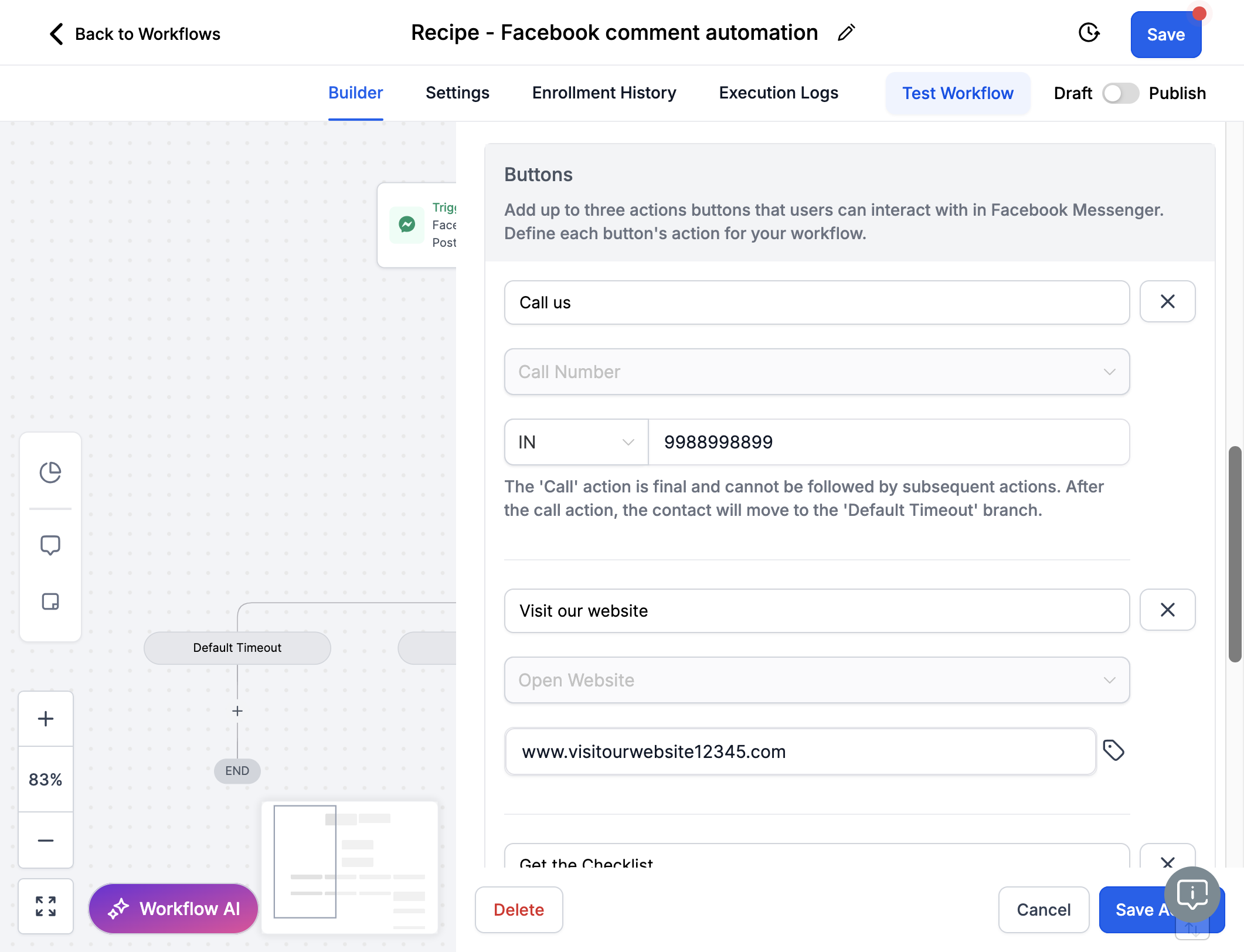 Indsæt op til 3 knapper med forskellige handlinger som brugere kan inteagere med i messenger fx Besøg vores hjemmeside, Hent din tjekliste, Book tid etc. - Husk at gemme