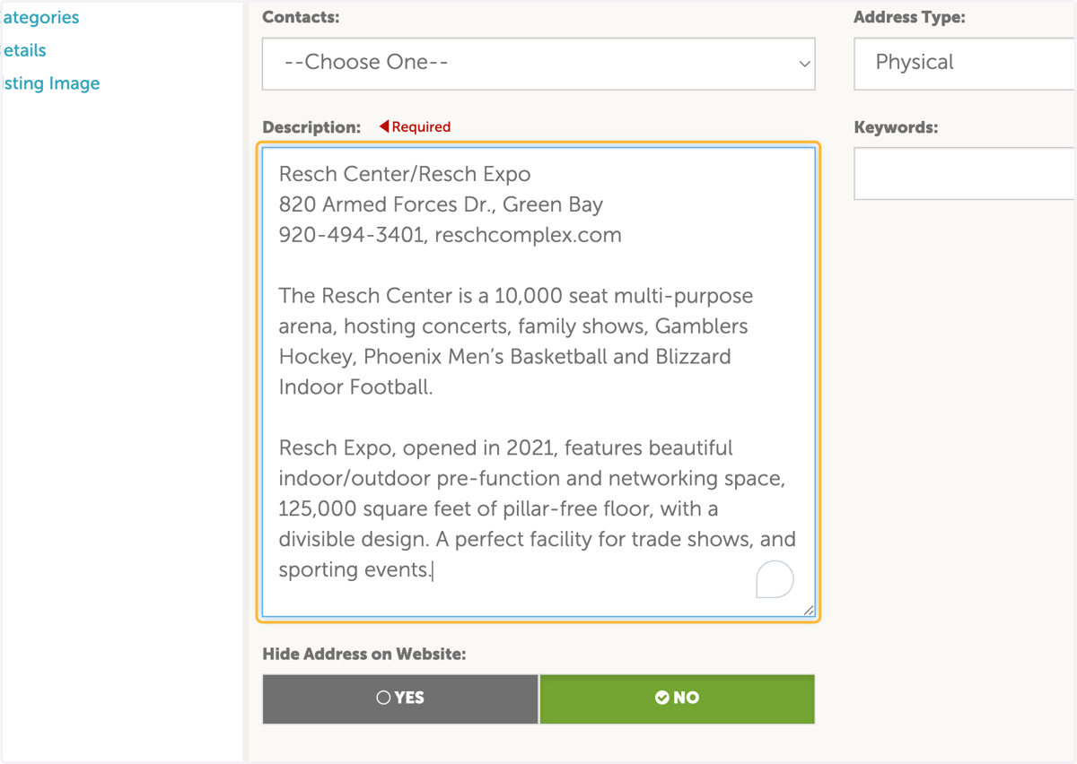Review your Visitor Guide description. Please keep each description to 30 words or less.