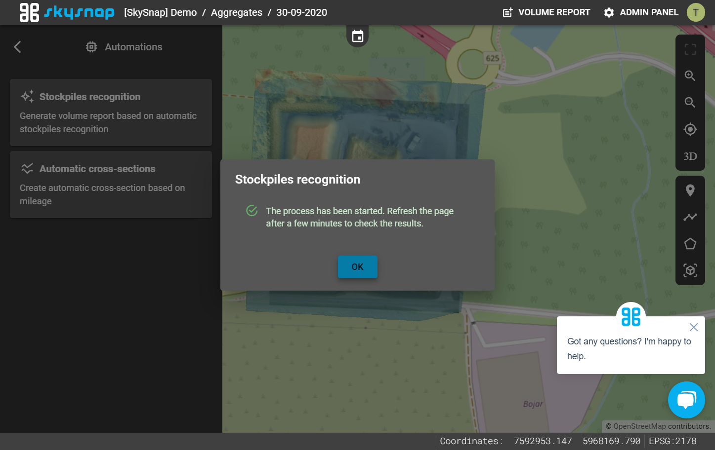 A message appears about the start of the stockpiles generation process.