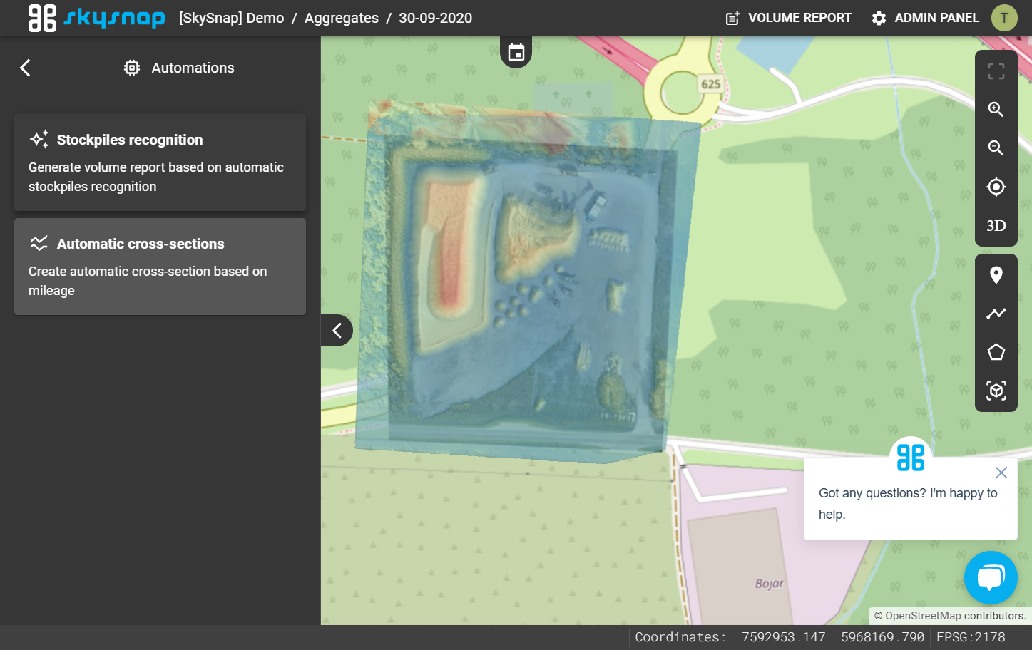 Two functions are displayed - "Stockpiles recognition" and "Automatic cross-sections". Select "Stockpiles recognition".
