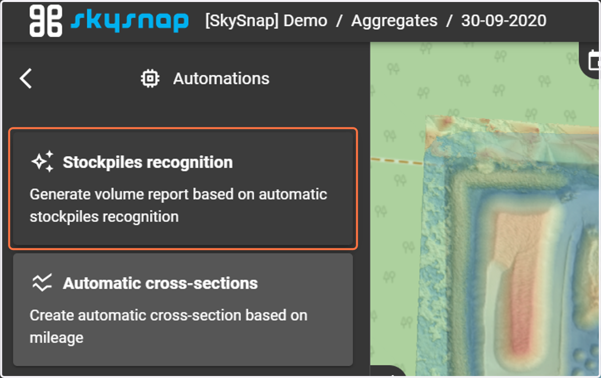 Two functions are displayed - "Stockpiles recognition" and "Automatic cross-sections". Select "Stockpiles recognition".