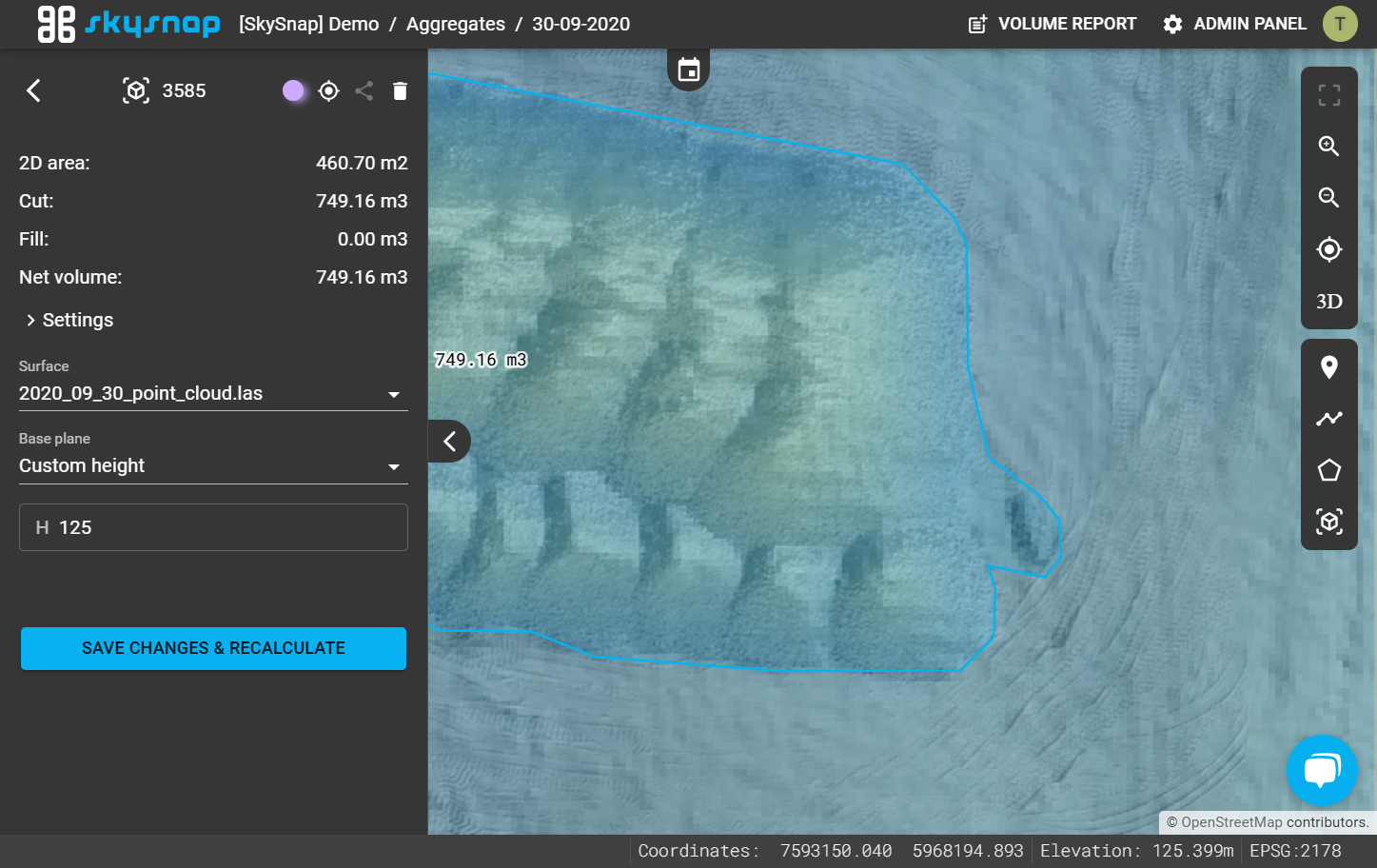 If the algorithm incorrectly finds the stockpile, it is possible to edit geometry of selected stockpile.
