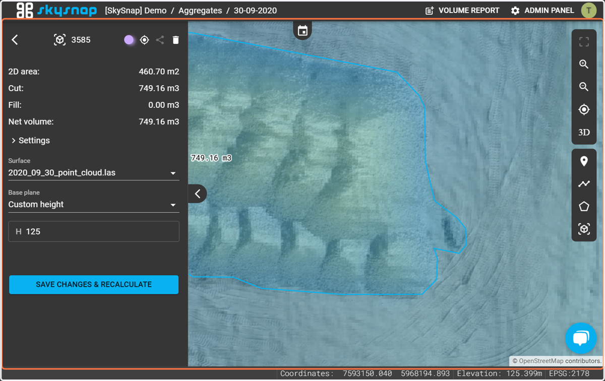 If the algorithm incorrectly finds the stockpile, it is possible to edit geometry of selected stockpile.