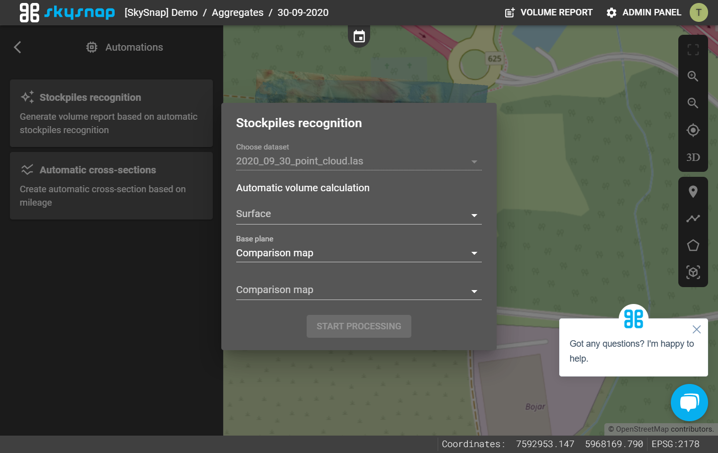 When you select the "Stockpiles recognition" function, you will see a window where you specify the layers and surfaces from which the volumes will be generated.