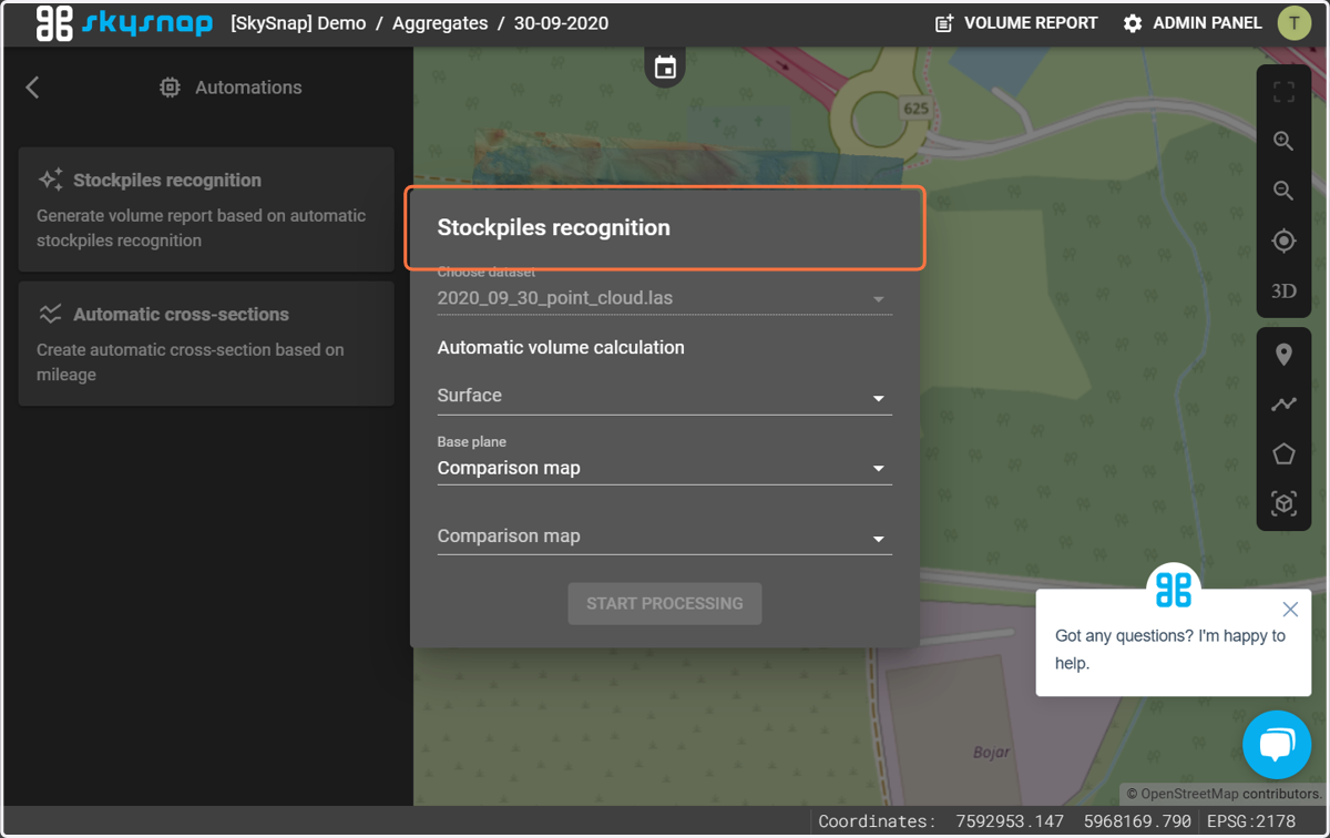 When you select the "Stockpiles recognition" function, you will see a window where you specify the layers and surfaces from which the volumes will be generated.