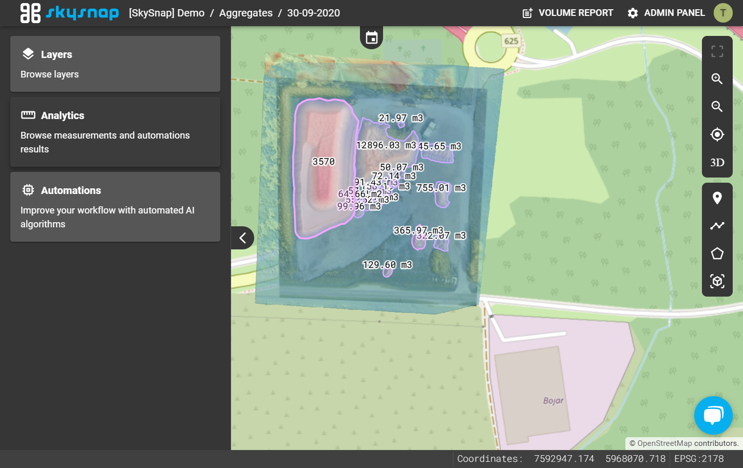 After a few minutes, refresh the page and go to the "Analytics" tab, where all detected stockpiles will be visible.