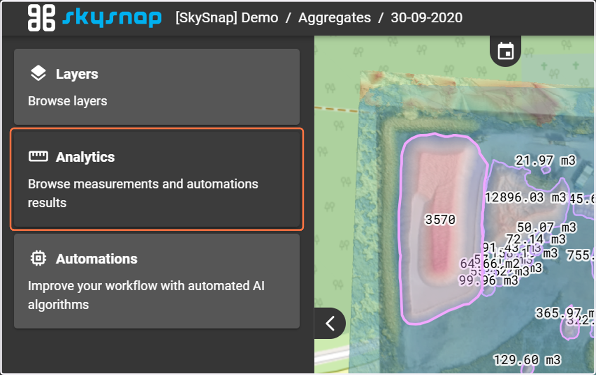 After a few minutes, refresh the page and go to the "Analytics" tab, where all detected stockpiles will be visible.