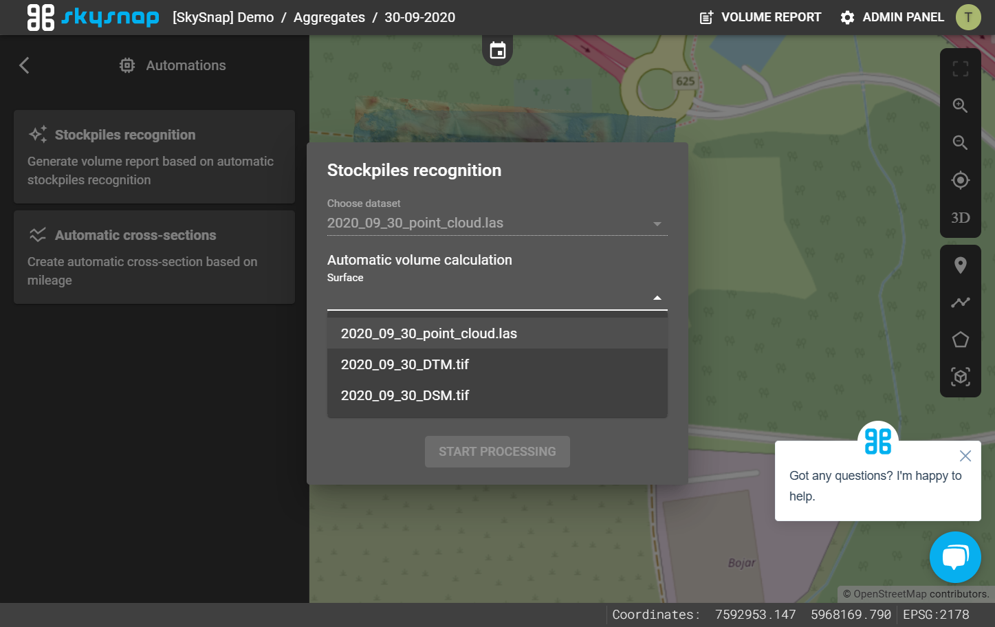 In the "Surface" section, select a point cloud layer (.las) or a raster surface (.tif).