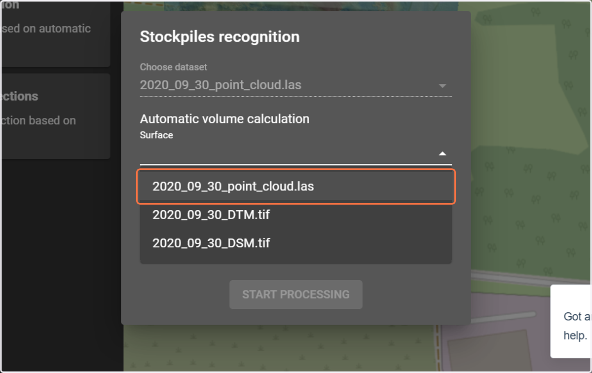 In the "Surface" section, select a point cloud layer (.las) or a raster surface (.tif).