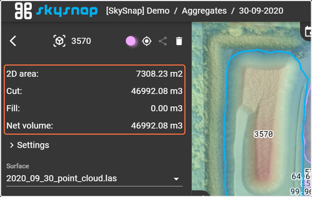By clicking on the selected stockpile in the window on the left or directly on the map, you will see the parameters of the selected object and settings.
