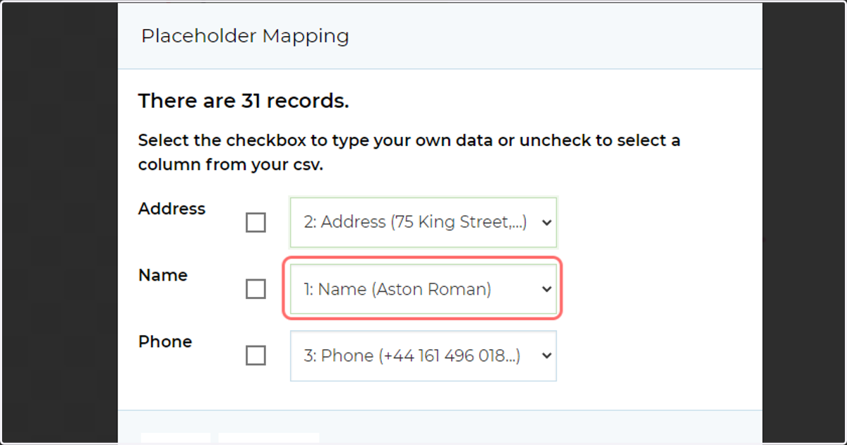 Match placeholders to their associated columns