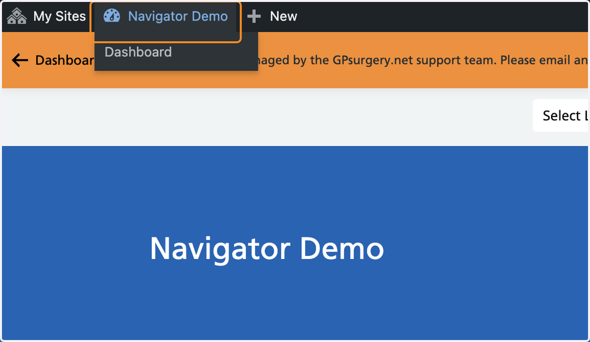 The admin toolbar with the practice's name selected.