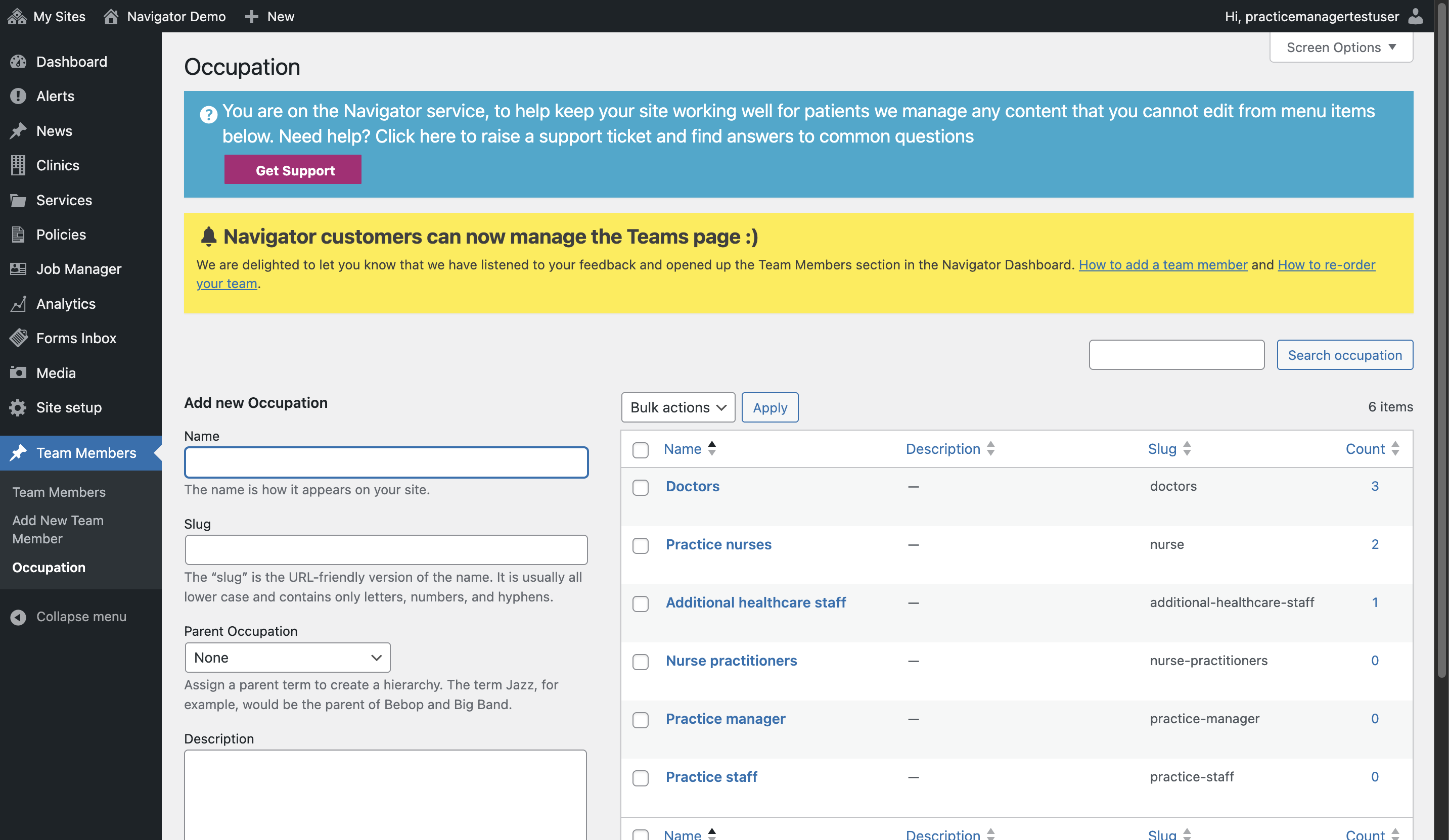 The Occupations section of the Dashboard.