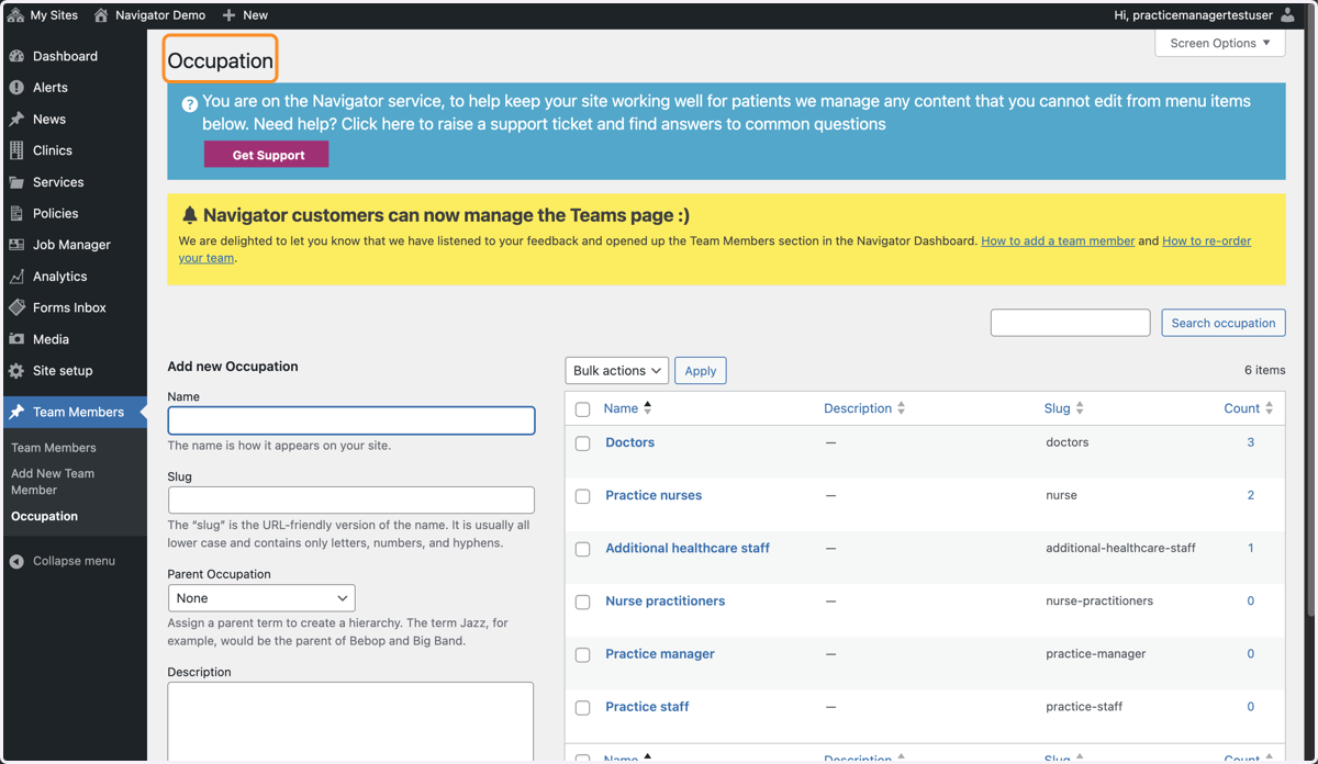 The Occupations section of the Dashboard.