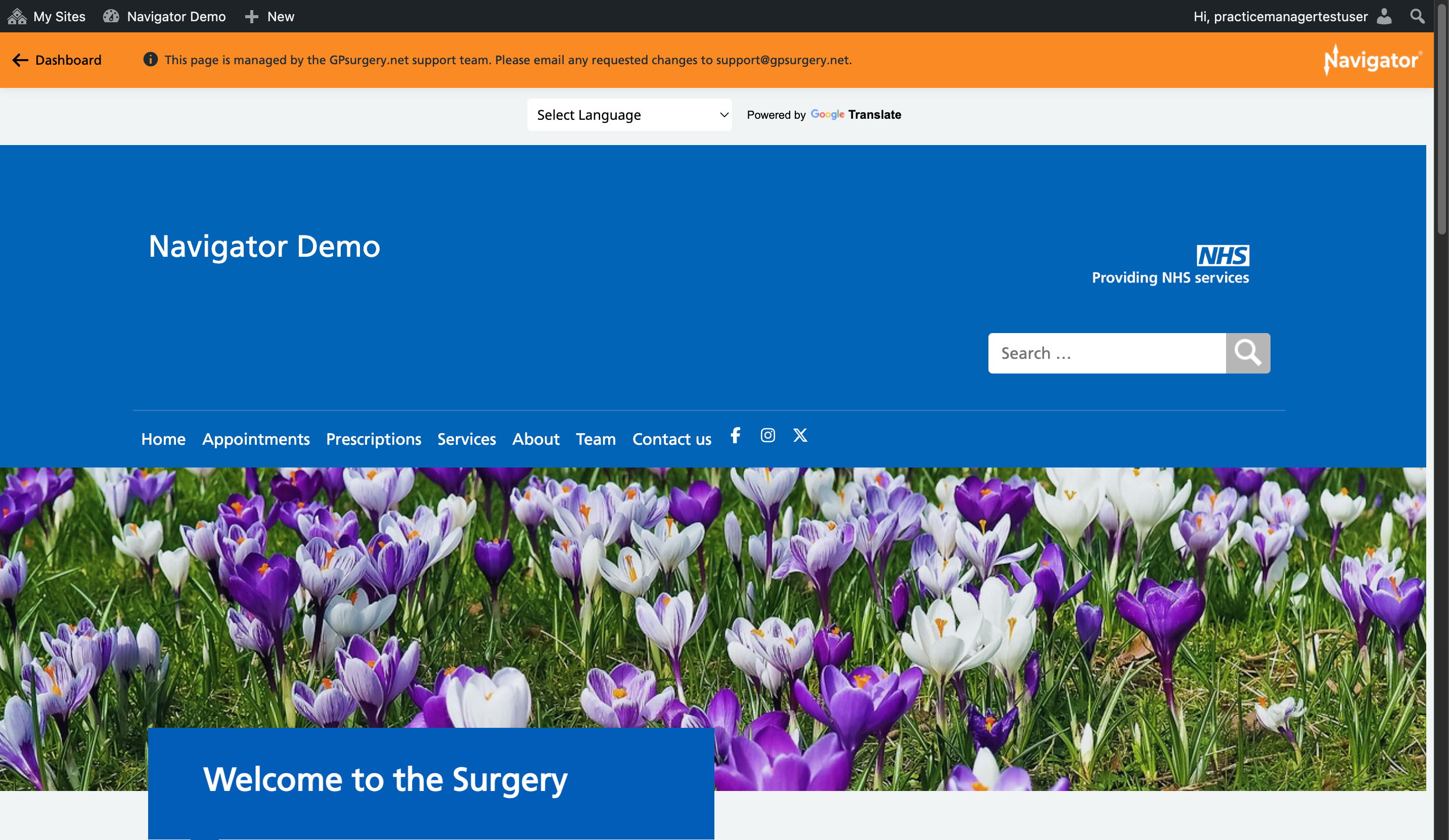 The homepage of a GPsurgery.net Navigator website with the Navigator toolbar and admin toolbar visible at the top of the page.