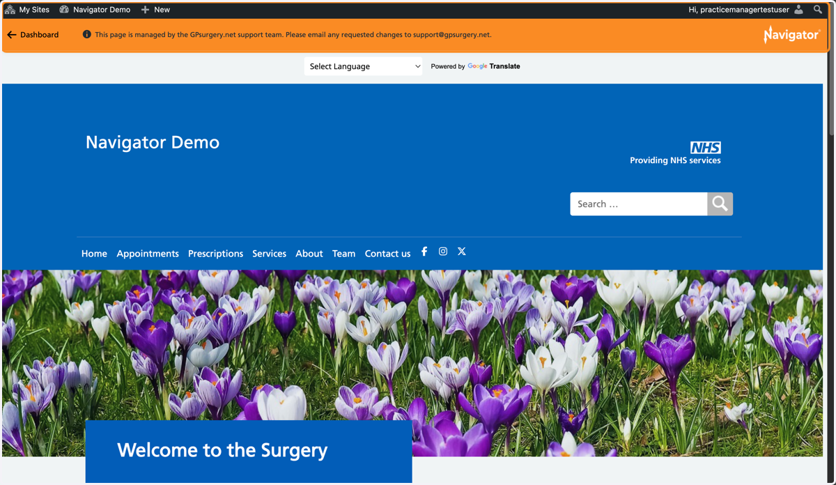 The homepage of a GPsurgery.net Navigator website with the Navigator toolbar and admin toolbar visible at the top of the page.
