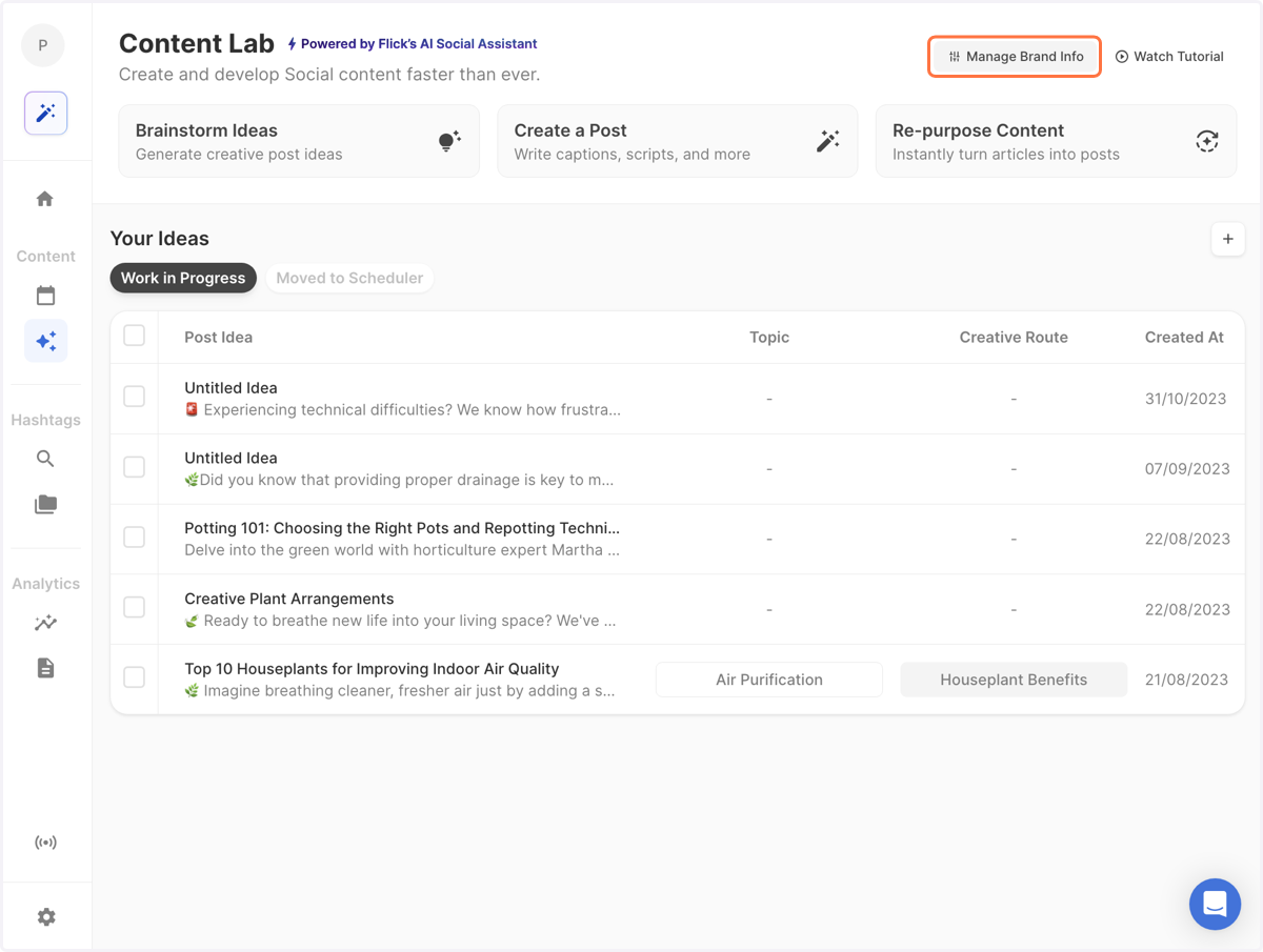 From the 'Content Lab' section, click on Manage Brand Info