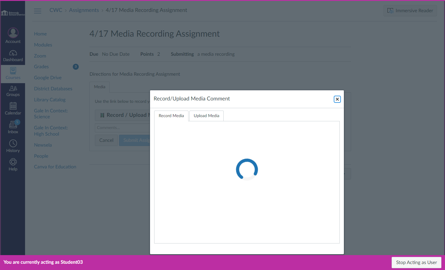 Click on Upload Media to submit a file from your Google Drive