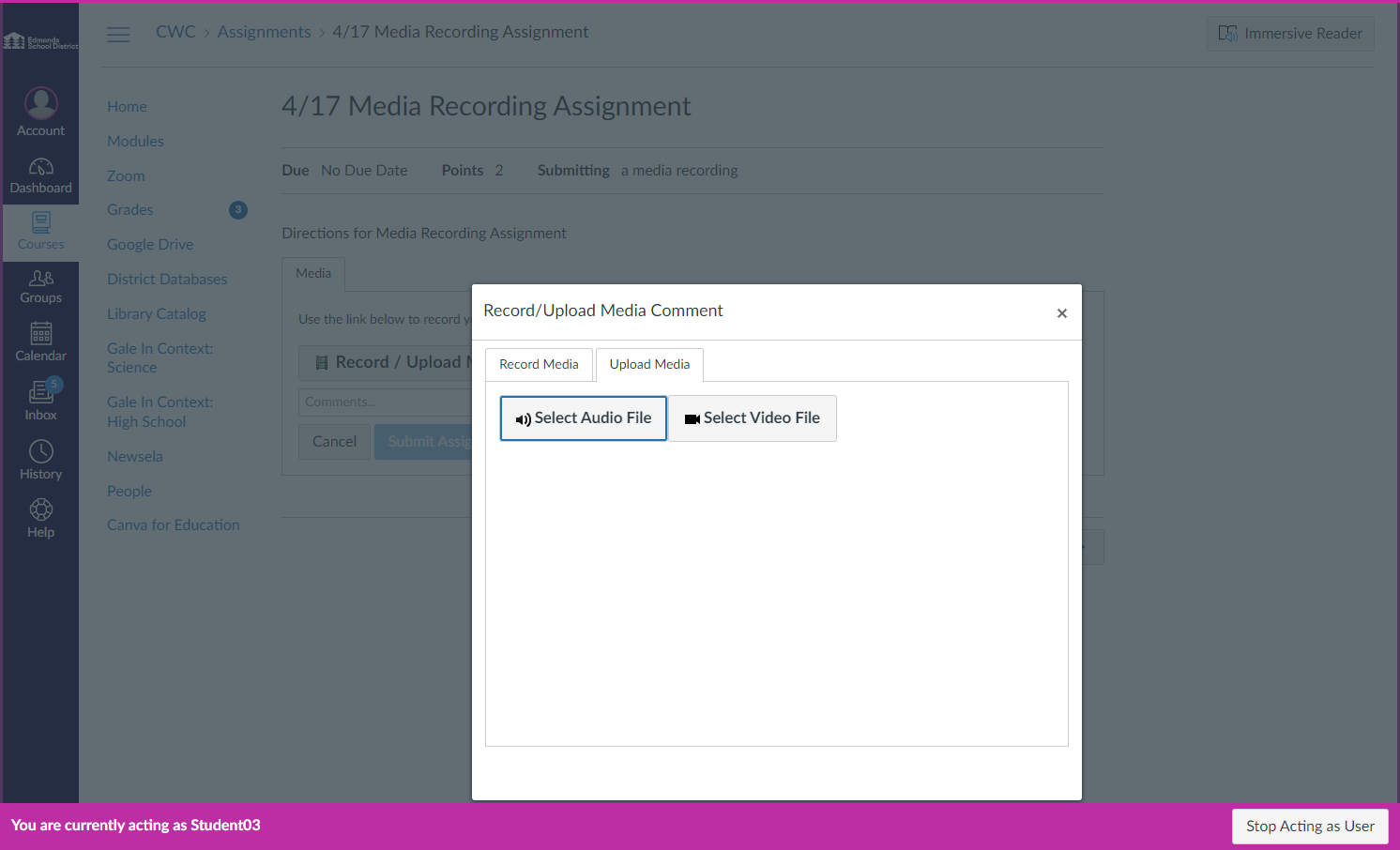 Click on Record Media to record audio or video using Canvas