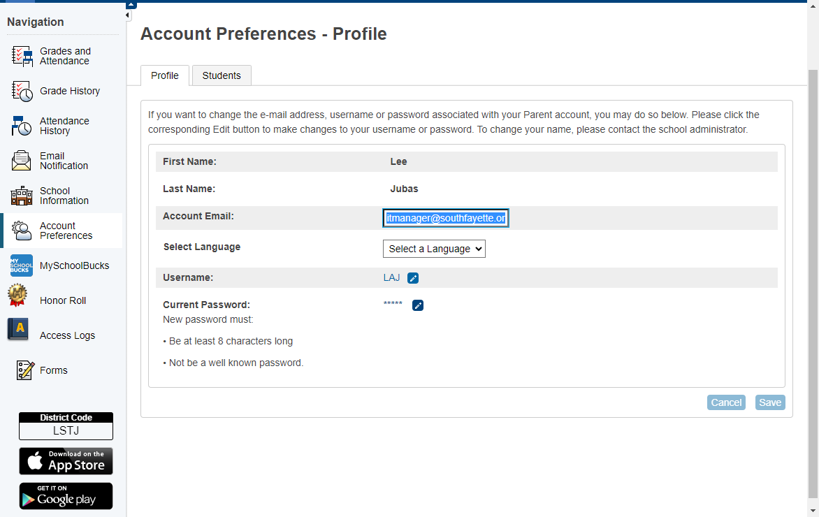 Account Preferences Profile is where you can change e-mail address, username or password associated with the parent account.