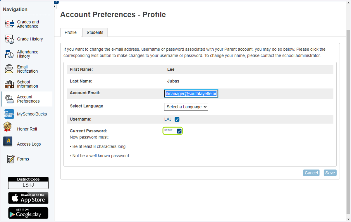 Account Preferences Profile is where you can change e-mail address, username or password associated with the parent account.