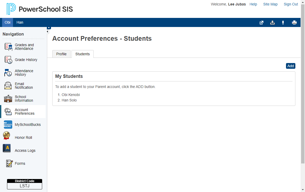 To add another student, from within the Stuents tab, Click on Add.