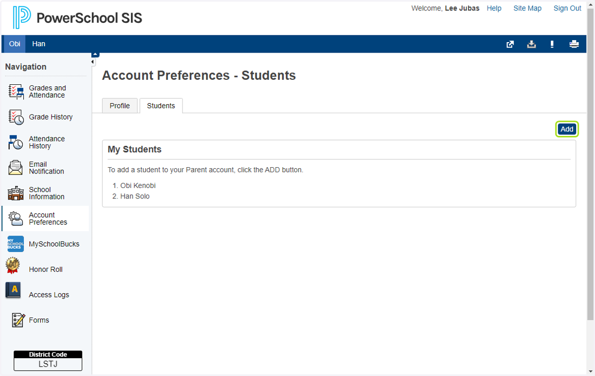 To add another student, from within the Stuents tab, Click on Add.