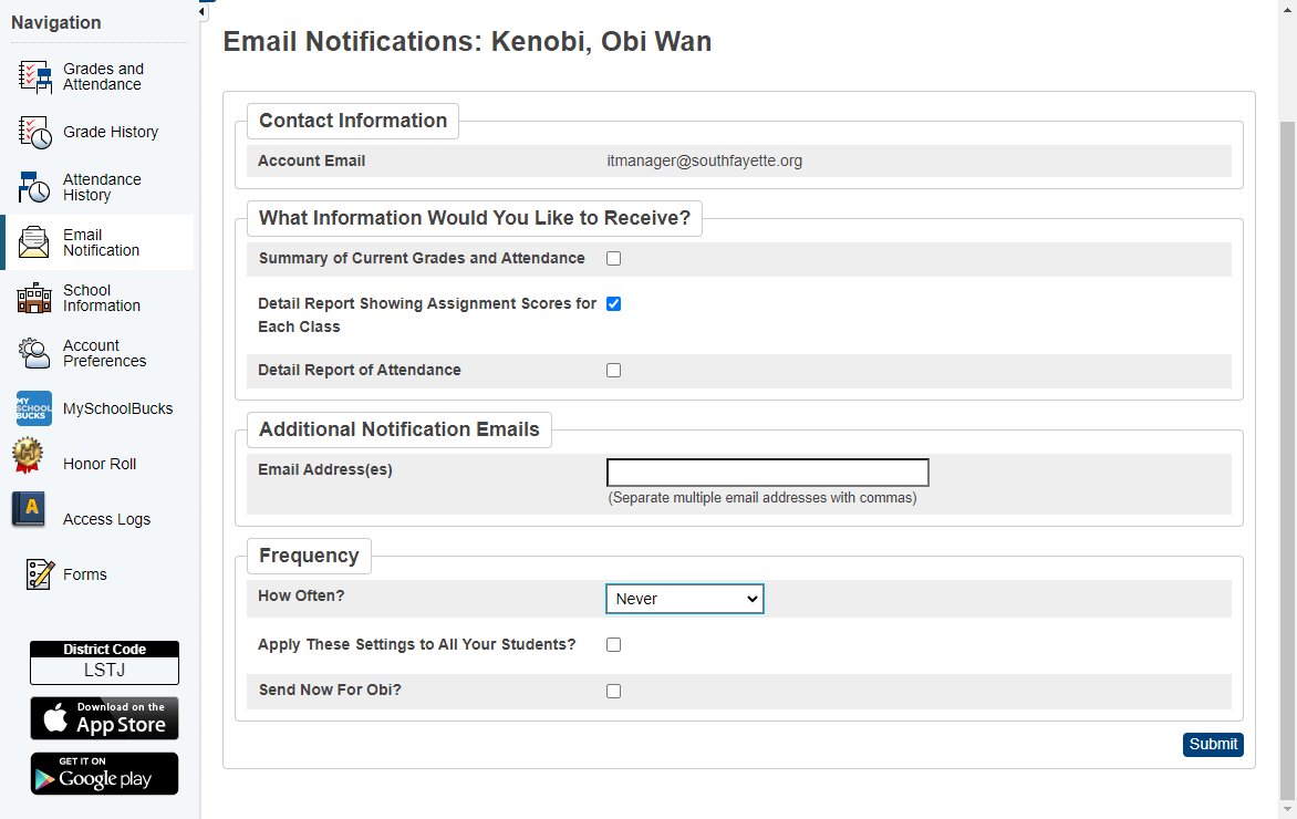 Click on Submit once you have selected the desired Email Notification Preferences.
